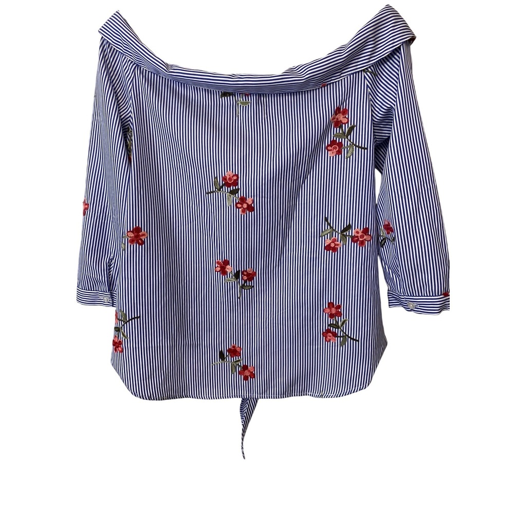 Haute Project LA Blue Stripe Floral Embroidered Tie Front Off Shoulder Top M - Picture 10 of 16